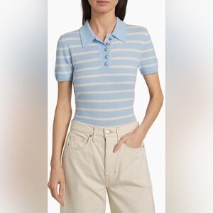 Veronica Beard Brandt Striped Cashmere Polo Sweater in Bluebell Ivory